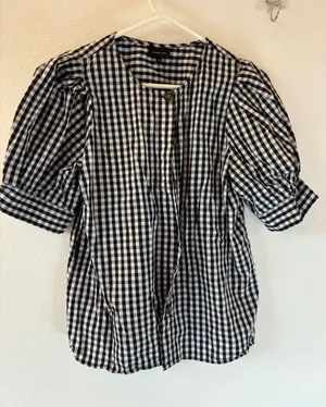 Who What Wear Gingham Puff Sleeve Button Down Blouse Black White Checkered Med. thumbnail 1