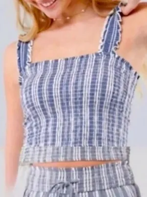 Hollister NWT Blue & White Striped Smocked Ruffle Lettuce Edge Strap Crop Top thumbnail 8
