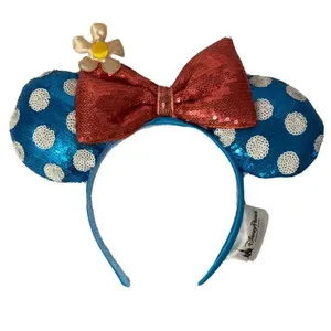 Disney Parks Blue White Polka Dot Sequin Minnie Ears Headband Flower Mickey Cute thumbnail 1