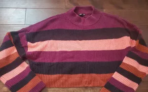 Express Striped Cropped Mock Neck Sweater in Burgundy, Pink & Rust Size Large thumbnail 1