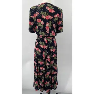 Vintage 80s Floral Shirtdress Button Down Belted Maxi Union Made Black Pink XS thumbnail 7