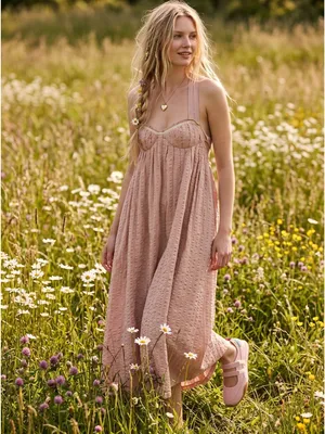 Free People Bohemian Beachy Seersucker Poppy Midi Dress Sundress Blush Large thumbnail 7