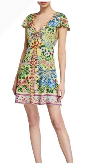 Alice + Olivia Yellow‎ Floral Flutter Sleeve V-Neck Mini Dress Size 0 thumbnail 1