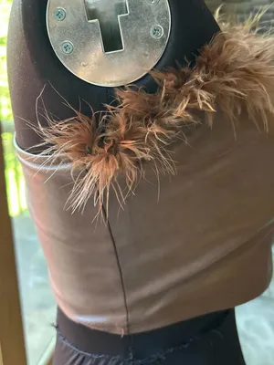 SHEIN Brown Faux Leather Feather-Trim Crop Top thumbnail 2