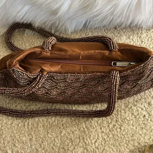 Vintage brown beaded fish scale triangle shape double handle satin handbag purse thumbnail 2