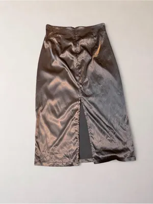 Commense Size L Chocolate Brown Satin Ruched Midi Skirt Slit thumbnail 6