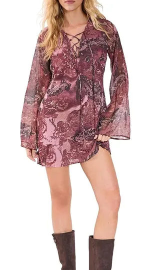 Nasty Gal Lace-Up Floral Mini Dress in Dusty Rose thumbnail 1