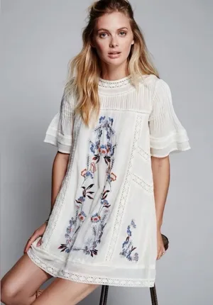 Free People Ivory Embroidered Cotton Gauze‎ Boho Mini Dress Crochet Lace XS thumbnail 1