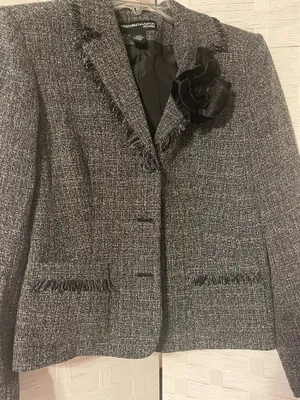 Norton McNaughton Women's Tweed Fringe Blazer Black White Sz 10P thumbnail 6