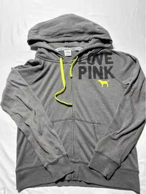 PINK Victoria's Secret Gray Zip Hoodie Neon Yellow Logo Size thumbnail 1