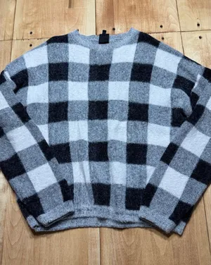 Bobeau Womens Buffalo Plaid Fuzzy Pullover Sweater Black Grey White Size L‎ thumbnail 1