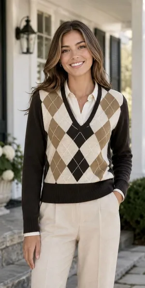 UNITED COLORS OF BENETTON Argyle Wool Blend V-Neck Sweater Preppy Size Small thumbnail 1