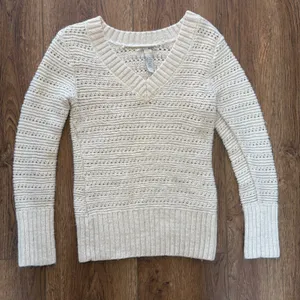 Lucky Brand Coastal‎ Cream Open Knit V Neck Sweater Alpaca Wool Womens L Cottage thumbnail 1
