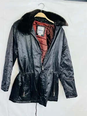Andrew Marc Black Trench Coat with Brown Fur Collar thumbnail 2