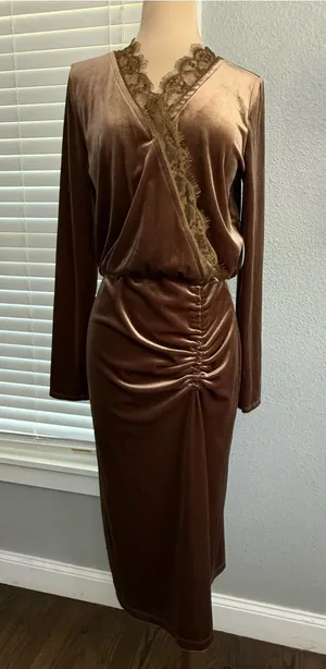 NWT Anthem the label Velvet Lace Trim Wrap Midi Dress thumbnail 1