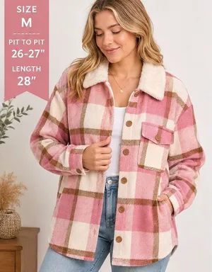 Umgee Pink Plaid Faux Fur Collar Shacket Button Front Jacket A0451 Womens Medium thumbnail 1