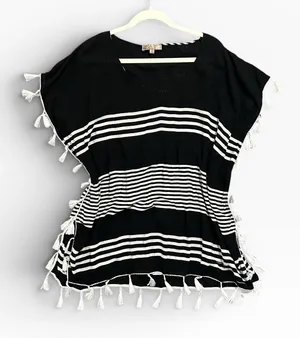 Black & White Striped‎ Tassel Swim Coverup thumbnail 1