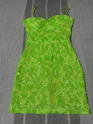 Winsor Neon Lime Green Sequin Damask Mini Dress Small Bodycon Cocktail hoco thumbnail 1