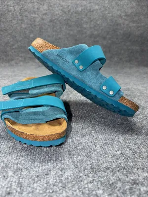 Birkenstock Double-Strap Nubuck-Suede Deep Turquoise Leather Slide Sandals thumbnail 3
