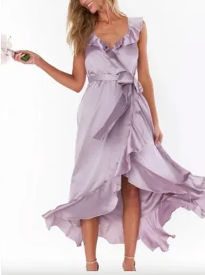 Show Me‎ Your MuMu NEW XXS Samantha Ruffle Wrap Dress Dusty Purple Luxe Satin thumbnail 1
