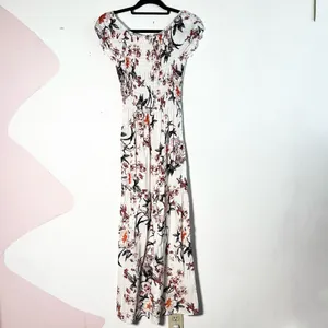 Anthropologie Kindred Floral Smocked Maxi Dress Medium White Tiered Boho thumbnail 2