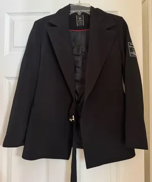 Sempre Piu Black Classic Blazer with Embroidered Patch on Sleeve & Gold Belt thumbnail 1