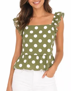 SHEIN Olive Green Polka Dot Ruffle Strap Peplum Top Back Tie Large L 8/10 thumbnail 1