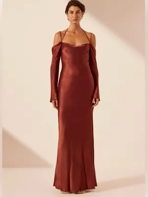 Shona Joy Lino Off Shoulder Tie Maxi‎ Dress Mahogany thumbnail 3