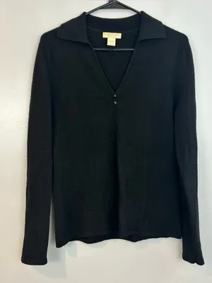 Simply Cashemere Black Pullover Collared Polo Sweater V-neckline 100% Size Small thumbnail 1