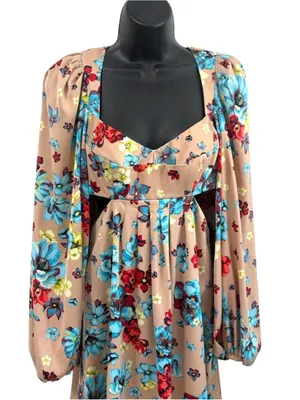 AFRM Anita Babydoll Mini Dress in Aqua Bouquet Sz Small Floral Boho Cottagecore thumbnail 5