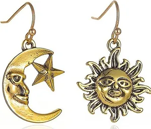 Gold Sun Man in the Moon Earrings, Mismatch Asymmetrical Dangle, Vintage Style thumbnail 1