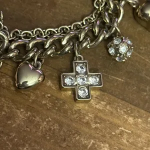 Chunky silver tone crosses, hearts and skulls charm bracelet thumbnail 4