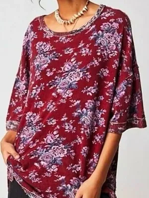 We The Free Red Floral Cotton You & Me Lightweight Sweater Tee - Size - Small thumbnail 1