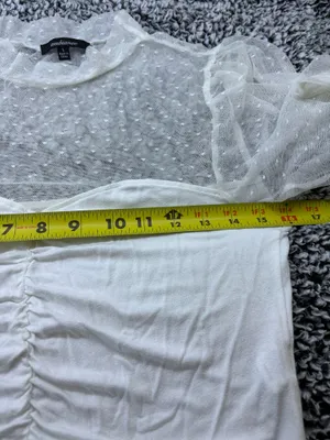 White Coquette Romantic Swiss Dot Mesh Long Sleeve Ruched Sweetheart Crop Top Size L thumbnail 4