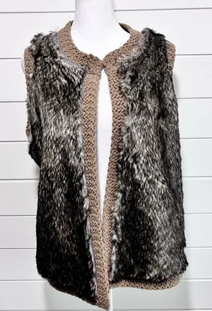 Ann Taylor Vest Women Brown‎ Faux Fur Open Front Knit Size L P thumbnail 1