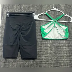 JESFER Activewear Set size S Green Strappy Sports Bra & Black Biker Shorts(A237) thumbnail 8