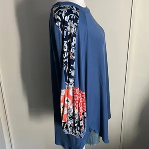 New Boho Balloon Sleeve Color Block Patchwork Jersey Knit Top Long Sleeve Blouse thumbnail 3