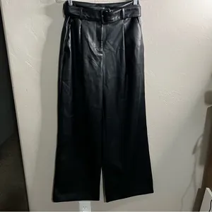 Loft Black Faux Leather High Rise Wide-Leg Belted Fleece Lined Trouser‎ Pants thumbnail 3