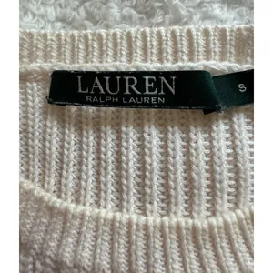 Lauren Ralph Lauren Sweater Womens Size S Ivory Rib Knit Ribbon Sleeve Cotton thumbnail 3
