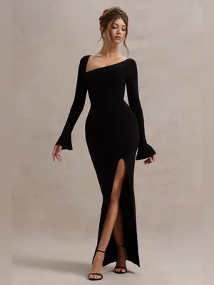 NWT Club L London‎ COSMOS Black Asymmetric Long Sleeve Split Maxi Dress Size 4 thumbnail 4