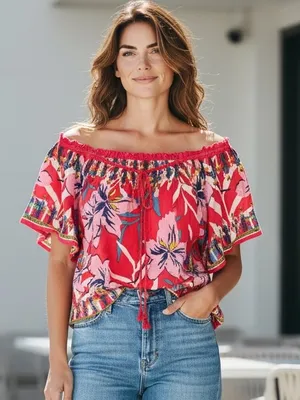 Flying Tomato Pink Floral Off-Shoulder Peasant Top Size M thumbnail 7