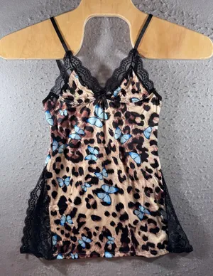 1465 | NEW Leopard Butterfly Lace Trim Side Split‎ Lingerie/Slip Dress Womens M thumbnail 1