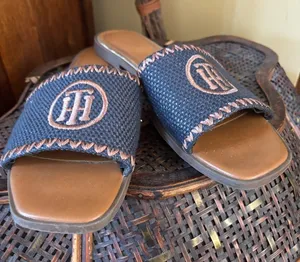 Tommy Hilfiger Navy and Brown Woven Slide Sandals thumbnail 1