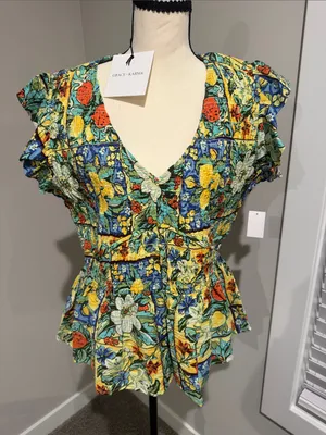 Grace + Karma Yellow Floral V-Neck Peplum Blouse thumbnail 1
