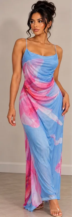 Women’s Blue & Pink Abstract Print Maxi Dress – Spaghetti Strap – Size M thumbnail 1