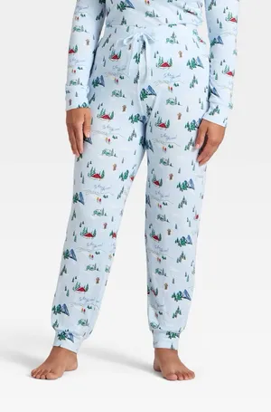 Women's nwt Tis the Ski-son! Cozy Knit Holiday Matching Family Pajama Pants Blue thumbnail 1