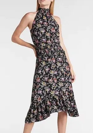Express high mock neck smocked black ditsy floral midi dress size medium thumbnail 1