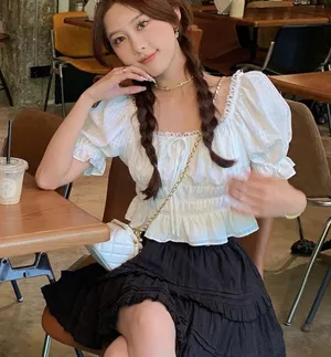 Japanese White Bohemian Cottage Puffy Sleeves Ruffle Lace Ribbon Crop Top Blouse thumbnail 2