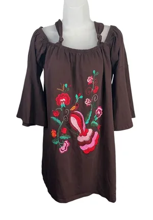 VaVa by Joy Han Brown Embroidered Bird Floral Cold Shoulder Top - Sz L thumbnail 1