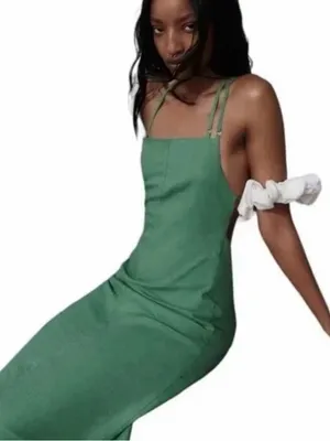 Zara Women's Green Linen Halter Dress NWT Large - C11-736 thumbnail 1